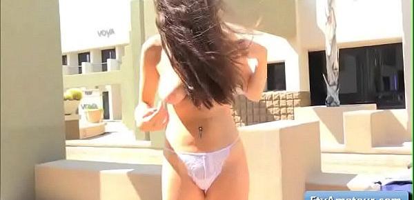  Sexy natural big tit brunette amateur Nina fingers her juicy pussy by the pool